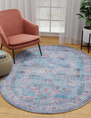 Washable Blue 4' 1 x 6' 1 Maahru Oval Area Rug Easy to Clean Stain Resistant & Durable Polyester Chenille Carpet for Living, Dining, Bedrooms, Kitchen for Sale at Rug Engine