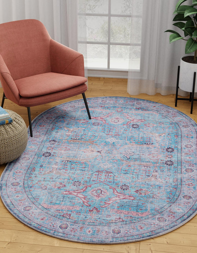 Washable Blue 4' 1 x 6' 1 Maahru Oval Area Rug Easy to Clean Stain Resistant & Durable Polyester Chenille Carpet for Living, Dining, Bedrooms, Kitchen for Sale at Rug Engine