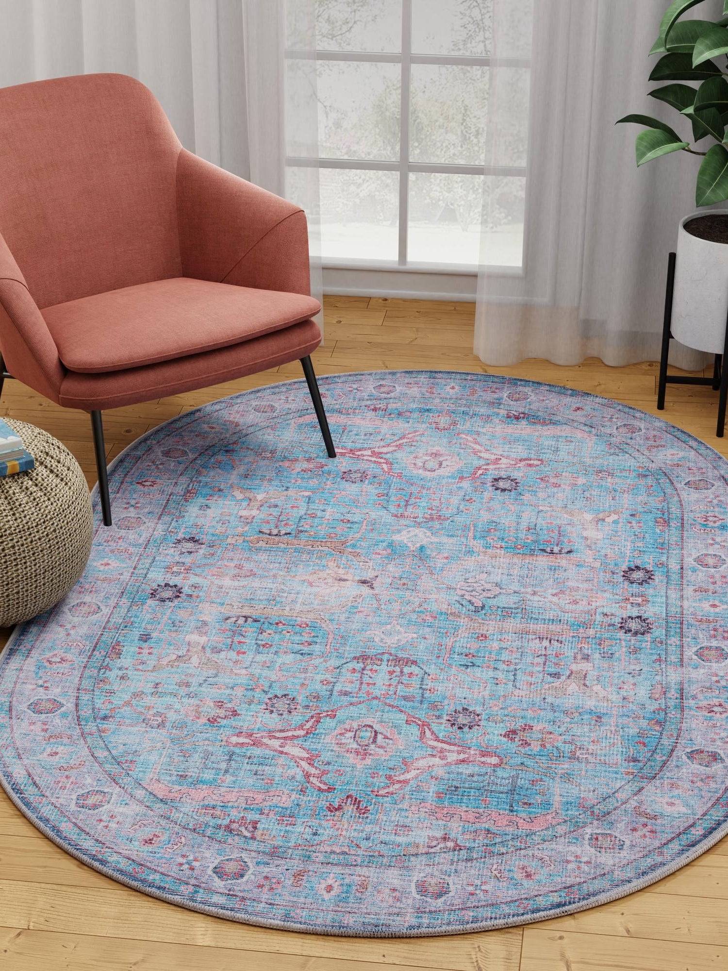 Washable Blue 5' 3 x 8' Maahru Oval Area Rug Easy to Clean Stain Resistant & Durable Polyester Chenille Carpet for Living, Dining, Bedrooms, Kitchen for Sale at Rug Engine