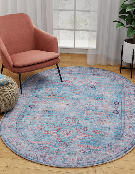 Washable Blue 5' 3 x 8' Maahru Oval Area Rug Easy to Clean Stain Resistant & Durable Polyester Chenille Carpet for Living, Dining, Bedrooms, Kitchen for Sale at Rug Engine