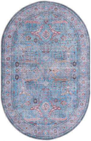 Washable Blue 5' 3 x 8' Maahru Oval Area Rug Easy to Clean Stain Resistant & Durable Polyester Chenille Carpet for Living, Dining, Bedrooms, Kitchen for Sale at Rug Engine