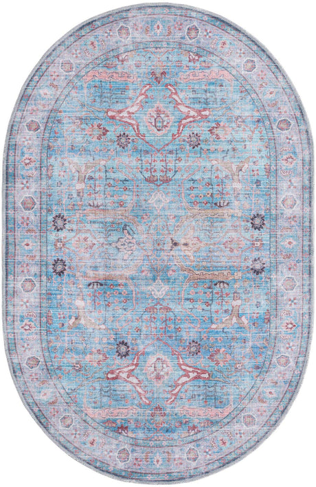 Washable Blue 4' 1 x 6' 1 Maahru Oval Area Rug Easy to Clean Stain Resistant & Durable Polyester Chenille Carpet for Living, Dining, Bedrooms, Kitchen for Sale at Rug Engine