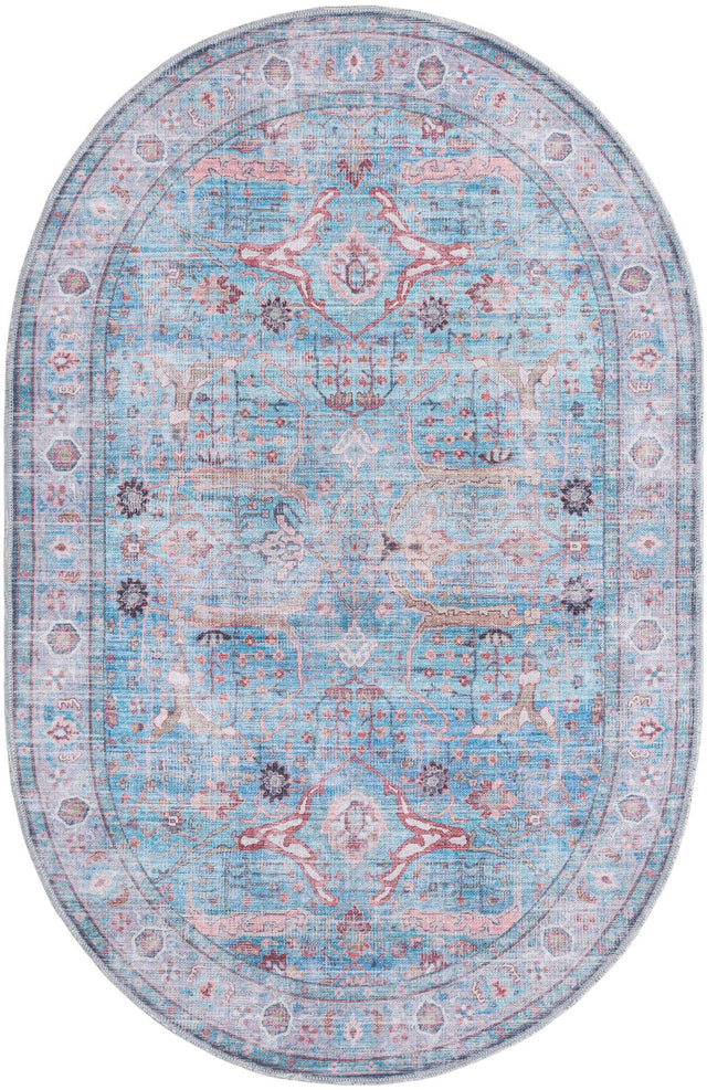 Washable Blue 4' 1 x 6' 1 Maahru Oval Area Rug Easy to Clean Stain Resistant & Durable Polyester Chenille Carpet for Living, Dining, Bedrooms, Kitchen for Sale at Rug Engine