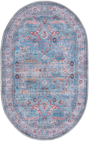 Washable Blue 2' x 3' 1 Maahru Oval Area Rug Easy to Clean Stain Resistant & Durable Polyester Chenille Carpet for Living, Dining, Bedrooms, Kitchen for Sale at Rug Engine