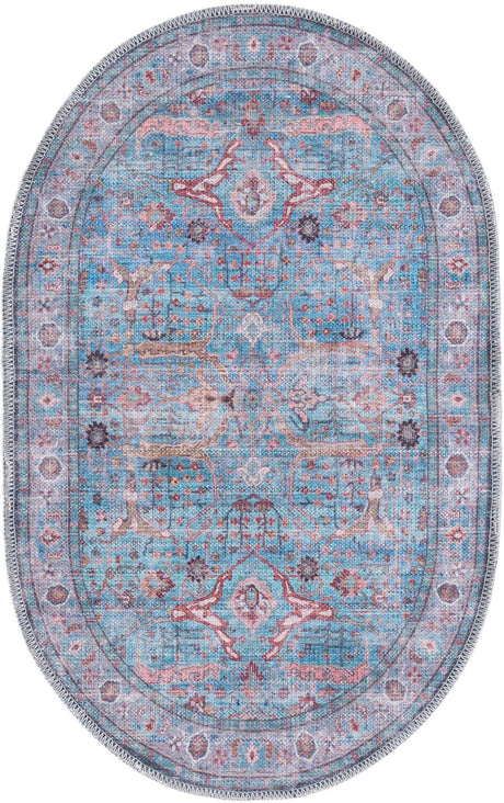 Washable Blue 2' x 3' 1 Maahru Oval Area Rug Easy to Clean Stain Resistant & Durable Polyester Chenille Carpet for Living, Dining, Bedrooms, Kitchen for Sale at Rug Engine