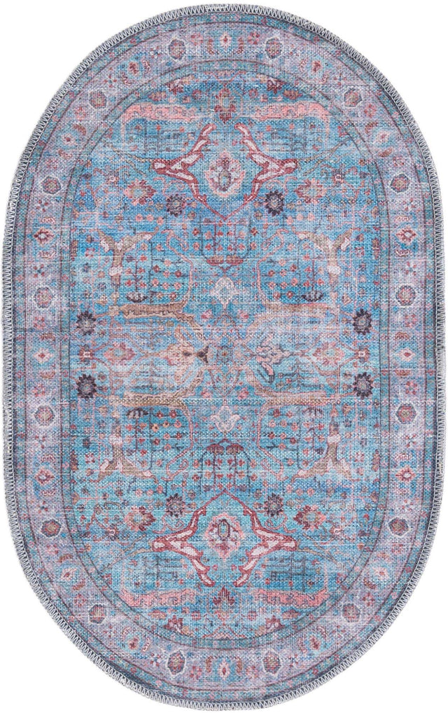 Washable Blue 2' x 3' 1 Maahru Oval Area Rug Easy to Clean Stain Resistant & Durable Polyester Chenille Carpet for Living, Dining, Bedrooms, Kitchen for Sale at Rug Engine