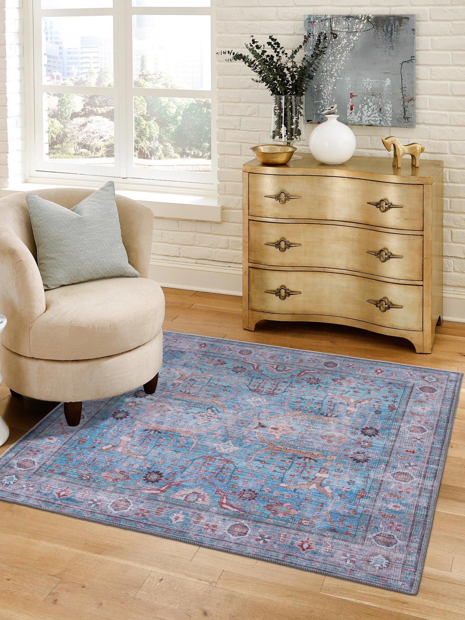 Washable Blue 7' 10 x 7' 10 Maahru Square Area Rug Easy to Clean Stain Resistant & Durable Polyester Chenille Carpet for Living, Dining, Bedrooms, Kitchen for Sale at Rug Engine