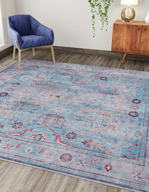 Washable Blue 7' 10 x 7' 10 Maahru Square Area Rug Easy to Clean Stain Resistant & Durable Polyester Chenille Carpet for Living, Dining, Bedrooms, Kitchen for Sale at Rug Engine