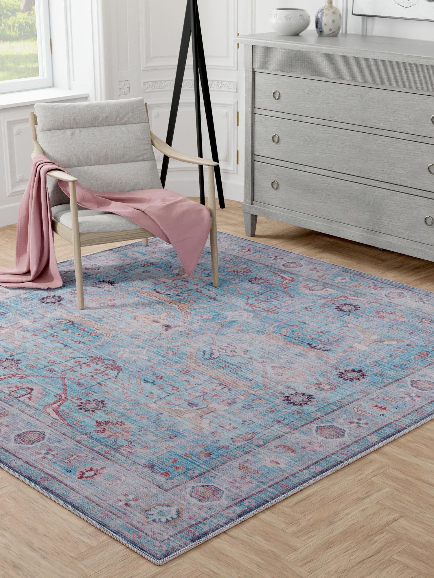 Washable Blue 3' 3 x 3' 3 Maahru Square Area Rug Easy to Clean Stain Resistant & Durable Polyester Chenille Carpet for Living, Dining, Bedrooms, Kitchen for Sale at Rug Engine