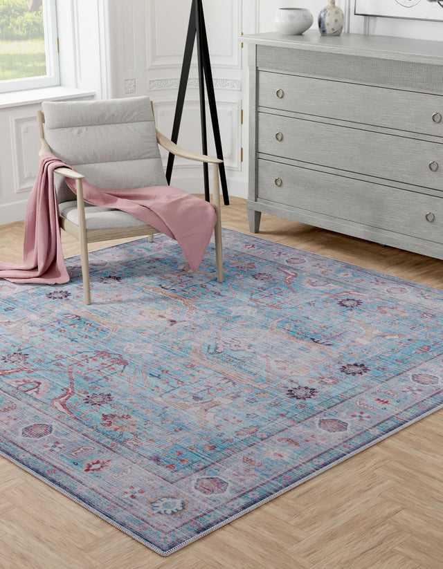 Washable Blue 7' 3 x 7' 3 Maahru Square Area Rug Easy to Clean Stain Resistant & Durable Polyester Chenille Carpet for Living, Dining, Bedrooms, Kitchen for Sale at Rug Engine