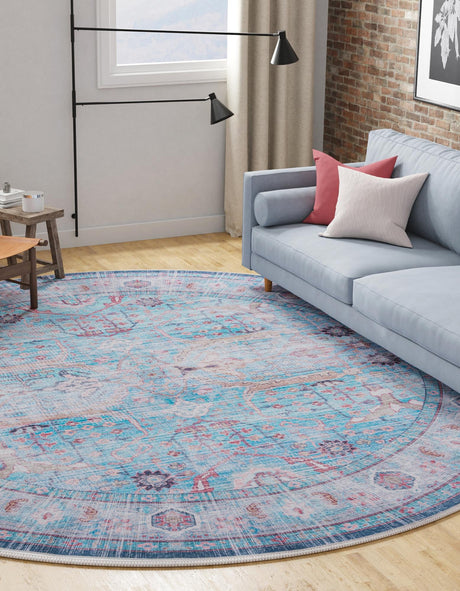 Washable Blue 10' 6 x 10' 6 Maahru Round Area Rug Easy to Clean Stain Resistant & Durable Polyester Chenille Carpet for Living, Dining, Bedrooms, Kitchen for Sale at Rug Engine