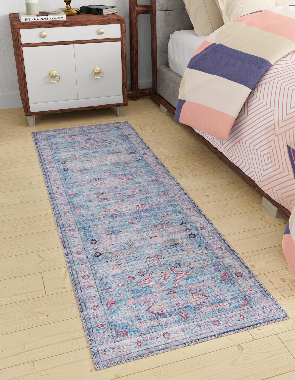 Washable Blue 2' 7 x 13' 1 Maahru Runner Area Rug Easy to Clean Stain Resistant & Durable Polyester Chenille Carpet for Living, Dining, Bedrooms, Kitchen for Sale at Rug Engine