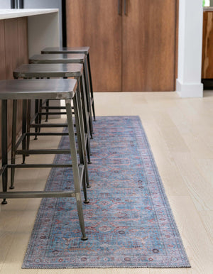 Washable Blue 2' 7 x 13' 1 Maahru Runner Area Rug Easy to Clean Stain Resistant & Durable Polyester Chenille Carpet for Living, Dining, Bedrooms, Kitchen for Sale at Rug Engine