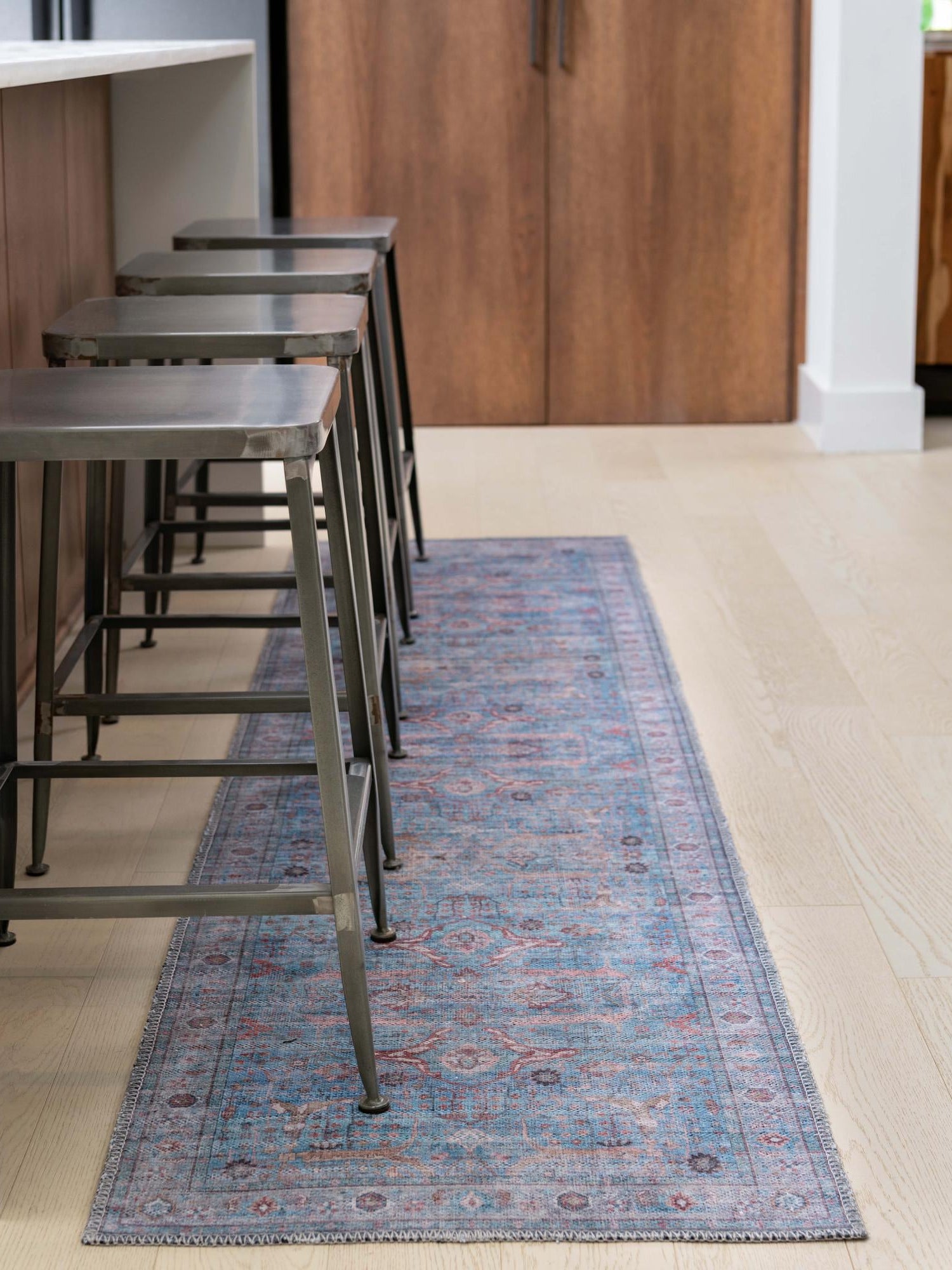 Washable Blue 2' x 8' Maahru Runner Area Rug Easy to Clean Stain Resistant & Durable Polyester Chenille Carpet for Living, Dining, Bedrooms, Kitchen for Sale at Rug Engine
