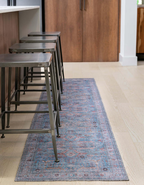 Washable Blue 2' x 8' Maahru Runner Area Rug Easy to Clean Stain Resistant & Durable Polyester Chenille Carpet for Living, Dining, Bedrooms, Kitchen for Sale at Rug Engine