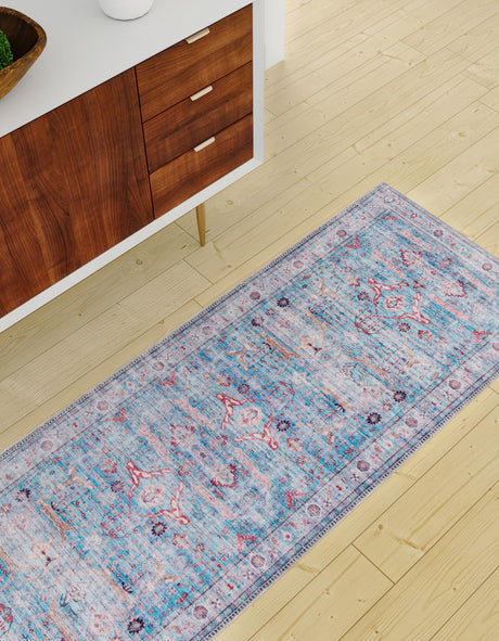 Washable Blue 2' 7 x 13' 1 Maahru Runner Area Rug Easy to Clean Stain Resistant & Durable Polyester Chenille Carpet for Living, Dining, Bedrooms, Kitchen for Sale at Rug Engine