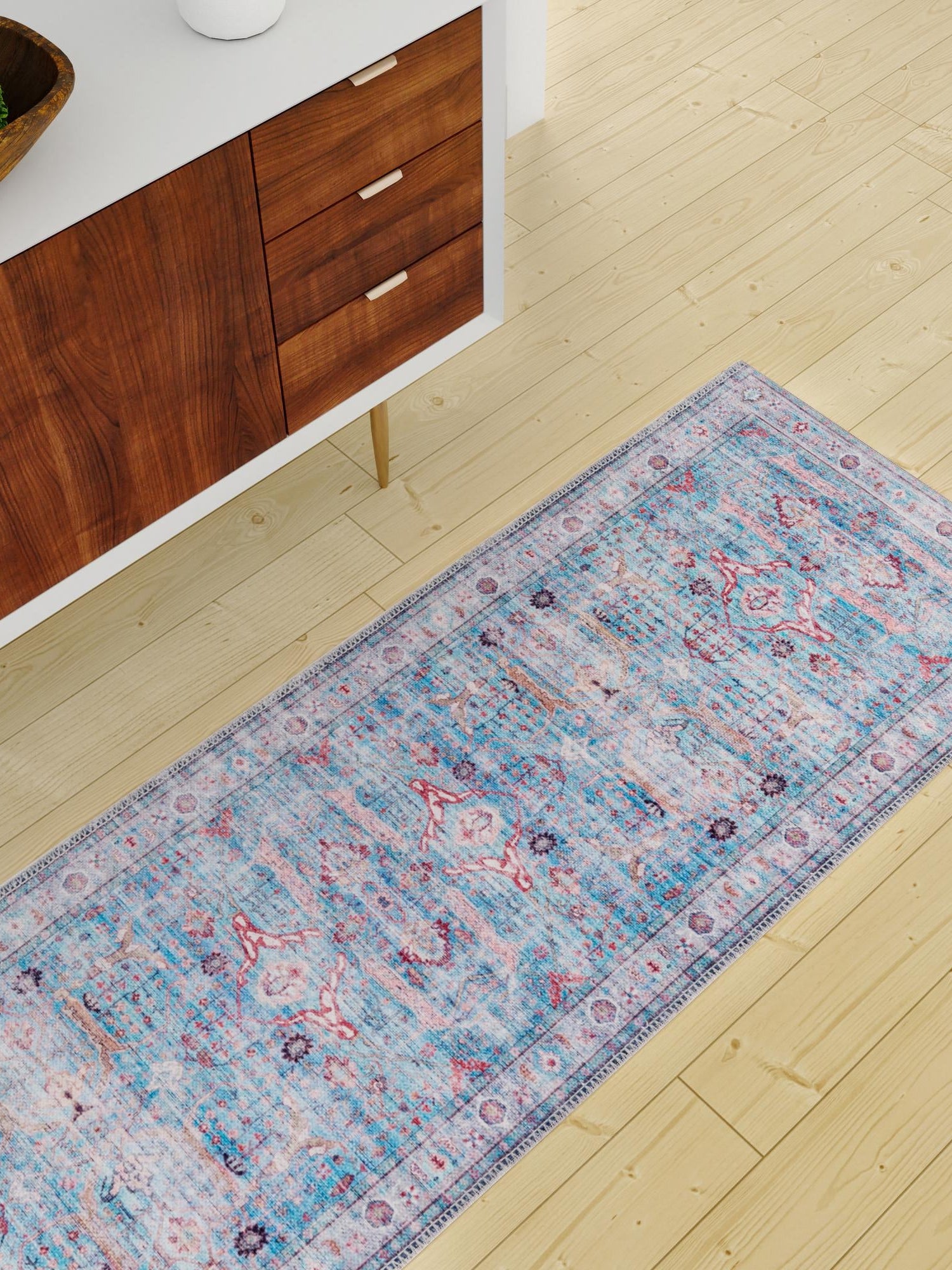 Washable Blue 2' x 8' Maahru Runner Area Rug Easy to Clean Stain Resistant & Durable Polyester Chenille Carpet for Living, Dining, Bedrooms, Kitchen for Sale at Rug Engine