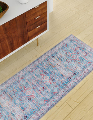 Washable Blue 2' x 8' Maahru Runner Area Rug Easy to Clean Stain Resistant & Durable Polyester Chenille Carpet for Living, Dining, Bedrooms, Kitchen for Sale at Rug Engine