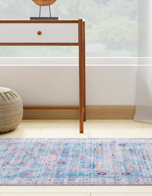 Washable Blue 2' x 8' Maahru Runner Area Rug Easy to Clean Stain Resistant & Durable Polyester Chenille Carpet for Living, Dining, Bedrooms, Kitchen for Sale at Rug Engine