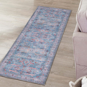 Washable Blue 2' 7 x 13' 1 Maahru Runner Area Rug Easy to Clean Stain Resistant & Durable Polyester Chenille Carpet for Living, Dining, Bedrooms, Kitchen for Sale at Rug Engine