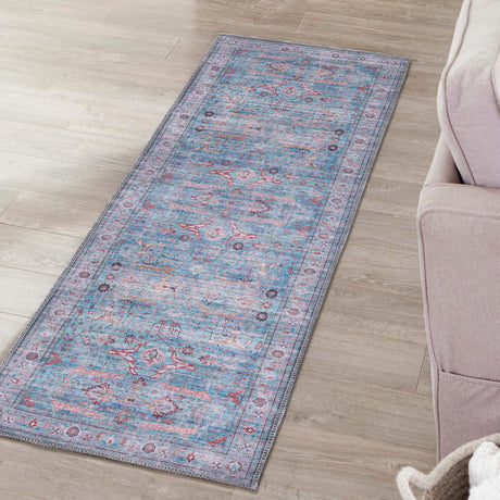 Washable Blue 2' 7 x 13' 1 Maahru Runner Area Rug Easy to Clean Stain Resistant & Durable Polyester Chenille Carpet for Living, Dining, Bedrooms, Kitchen for Sale at Rug Engine