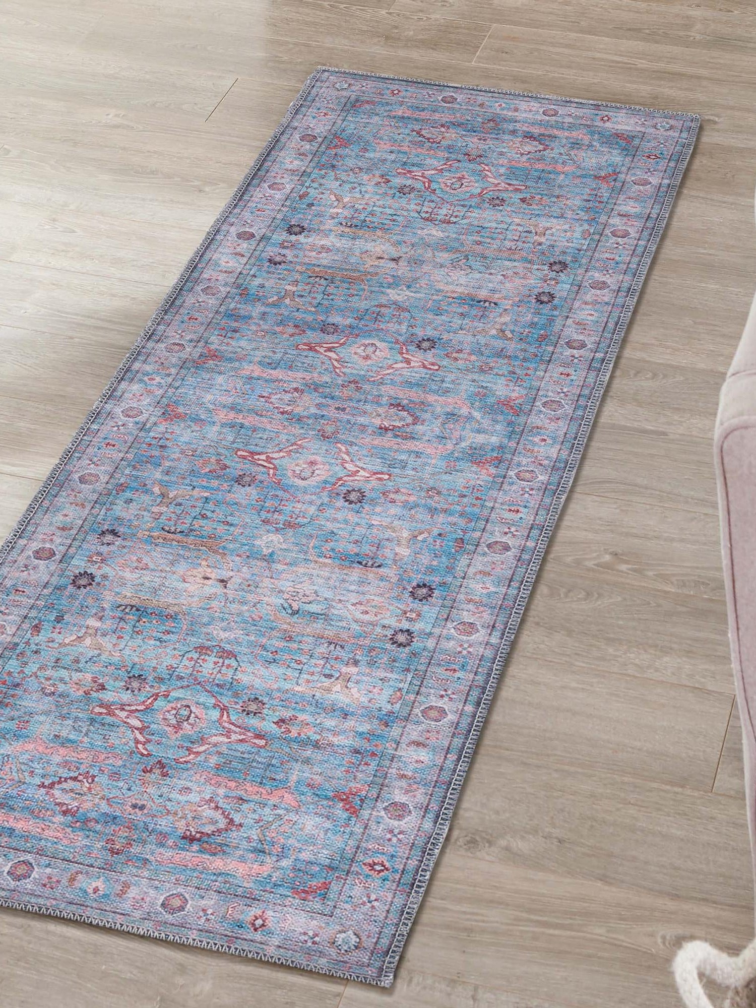 Washable Blue 2' x 8' Maahru Runner Area Rug Easy to Clean Stain Resistant & Durable Polyester Chenille Carpet for Living, Dining, Bedrooms, Kitchen for Sale at Rug Engine