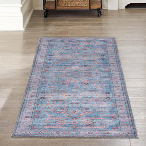 Washable Blue 2' 7 x 13' 1 Maahru Runner Area Rug Easy to Clean Stain Resistant & Durable Polyester Chenille Carpet for Living, Dining, Bedrooms, Kitchen for Sale at Rug Engine