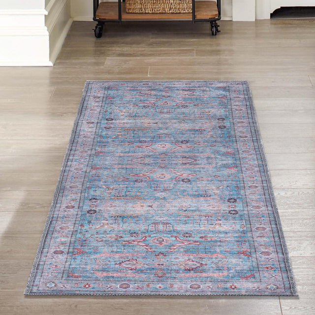Washable Blue 2' 7 x 13' 1 Maahru Runner Area Rug Easy to Clean Stain Resistant & Durable Polyester Chenille Carpet for Living, Dining, Bedrooms, Kitchen for Sale at Rug Engine