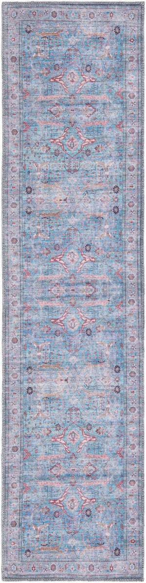 Washable Blue 2' x 8' Maahru Runner Area Rug Easy to Clean Stain Resistant & Durable Polyester Chenille Carpet for Living, Dining, Bedrooms, Kitchen for Sale at Rug Engine