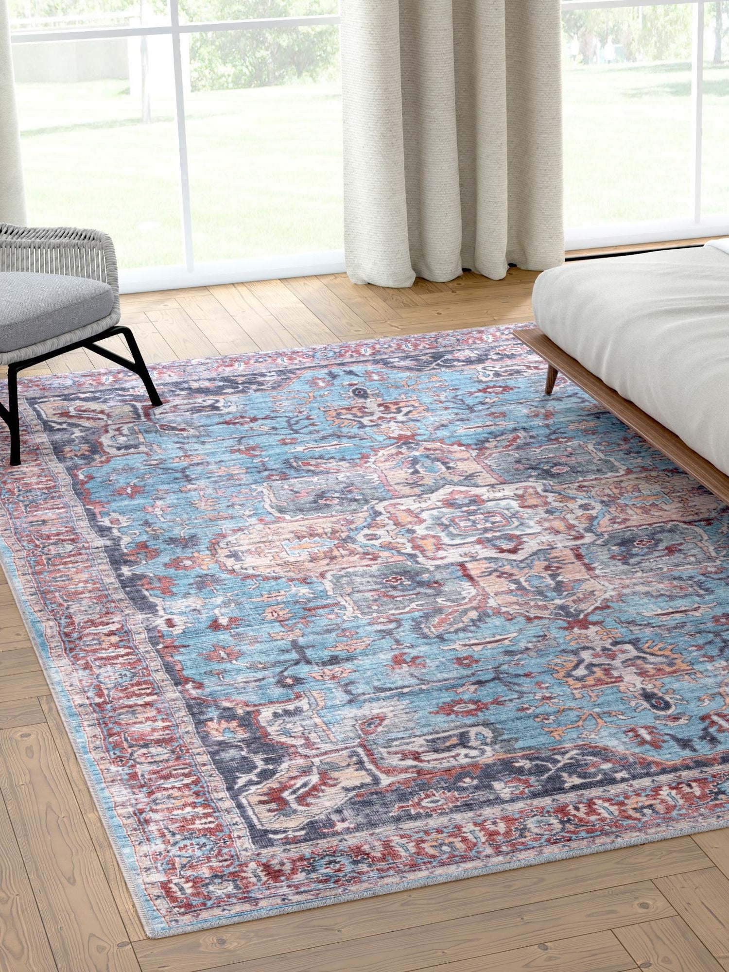 Washable Blue 4' 1 x 6' 1 Maahru Rectangle Area Rug Easy to Clean Stain Resistant & Durable Polyester Chenille Carpet for Living, Dining, Bedrooms, Kitchen for Sale at Rug Engine
