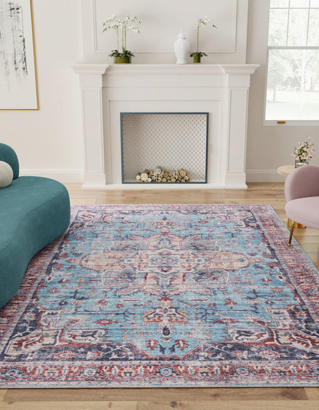 Washable Blue 10' 6 x 13' 1 Maahru Rectangle Area Rug Easy to Clean Stain Resistant & Durable Polyester Chenille Carpet for Living, Dining, Bedrooms, Kitchen for Sale at Rug Engine