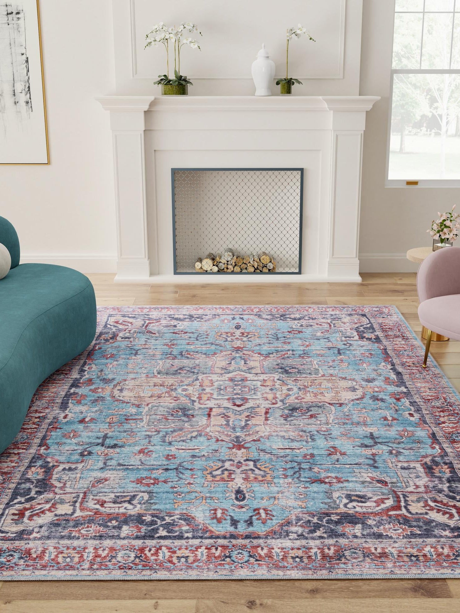 Washable Blue 9' 2 x 12' Maahru Rectangle Area Rug Easy to Clean Stain Resistant & Durable Polyester Chenille Carpet for Living, Dining, Bedrooms, Kitchen for Sale at Rug Engine