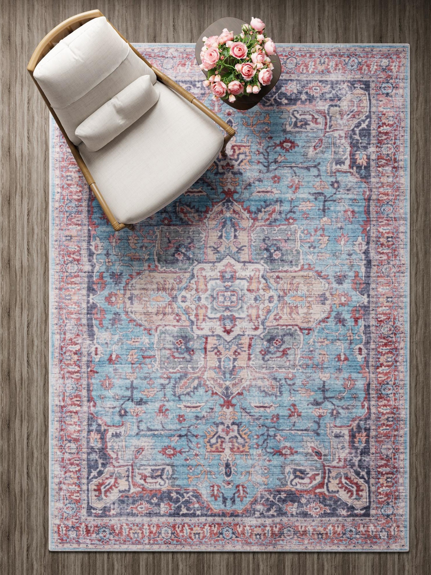 Washable Blue 4' 1 x 6' 1 Maahru Rectangle Area Rug Easy to Clean Stain Resistant & Durable Polyester Chenille Carpet for Living, Dining, Bedrooms, Kitchen for Sale at Rug Engine