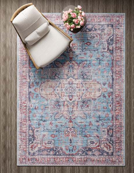 Washable Blue 4' 1 x 6' 1 Maahru Rectangle Area Rug Easy to Clean Stain Resistant & Durable Polyester Chenille Carpet for Living, Dining, Bedrooms, Kitchen for Sale at Rug Engine