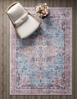 Washable Blue 9' 2 x 12' Maahru Rectangle Area Rug Easy to Clean Stain Resistant & Durable Polyester Chenille Carpet for Living, Dining, Bedrooms, Kitchen for Sale at Rug Engine