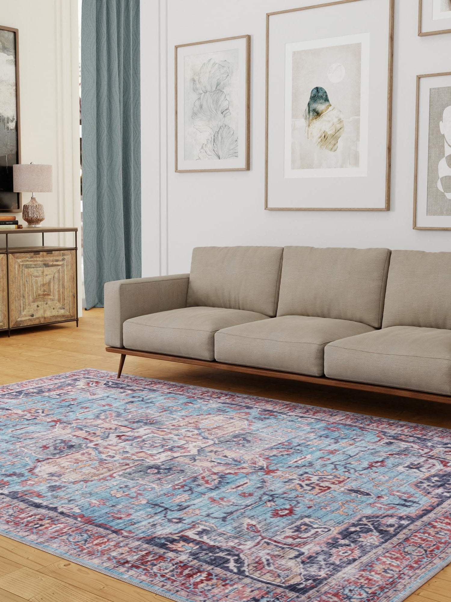 Washable Blue 9' 2 x 12' Maahru Rectangle Area Rug Easy to Clean Stain Resistant & Durable Polyester Chenille Carpet for Living, Dining, Bedrooms, Kitchen for Sale at Rug Engine