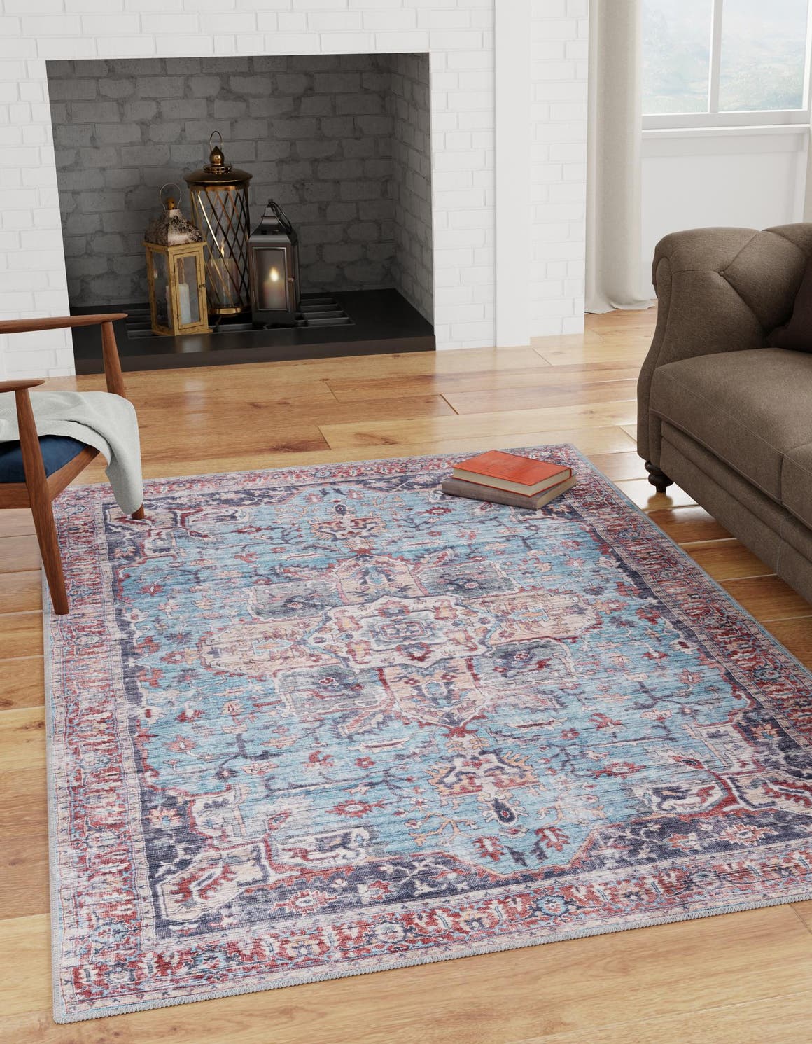 Washable Blue 10' 6 x 13' 1 Maahru Rectangle Area Rug Easy to Clean Stain Resistant & Durable Polyester Chenille Carpet for Living, Dining, Bedrooms, Kitchen for Sale at Rug Engine