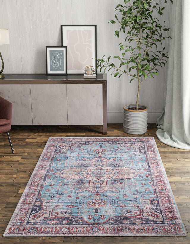 Washable Blue 9' 2 x 12' Maahru Rectangle Area Rug Easy to Clean Stain Resistant & Durable Polyester Chenille Carpet for Living, Dining, Bedrooms, Kitchen for Sale at Rug Engine