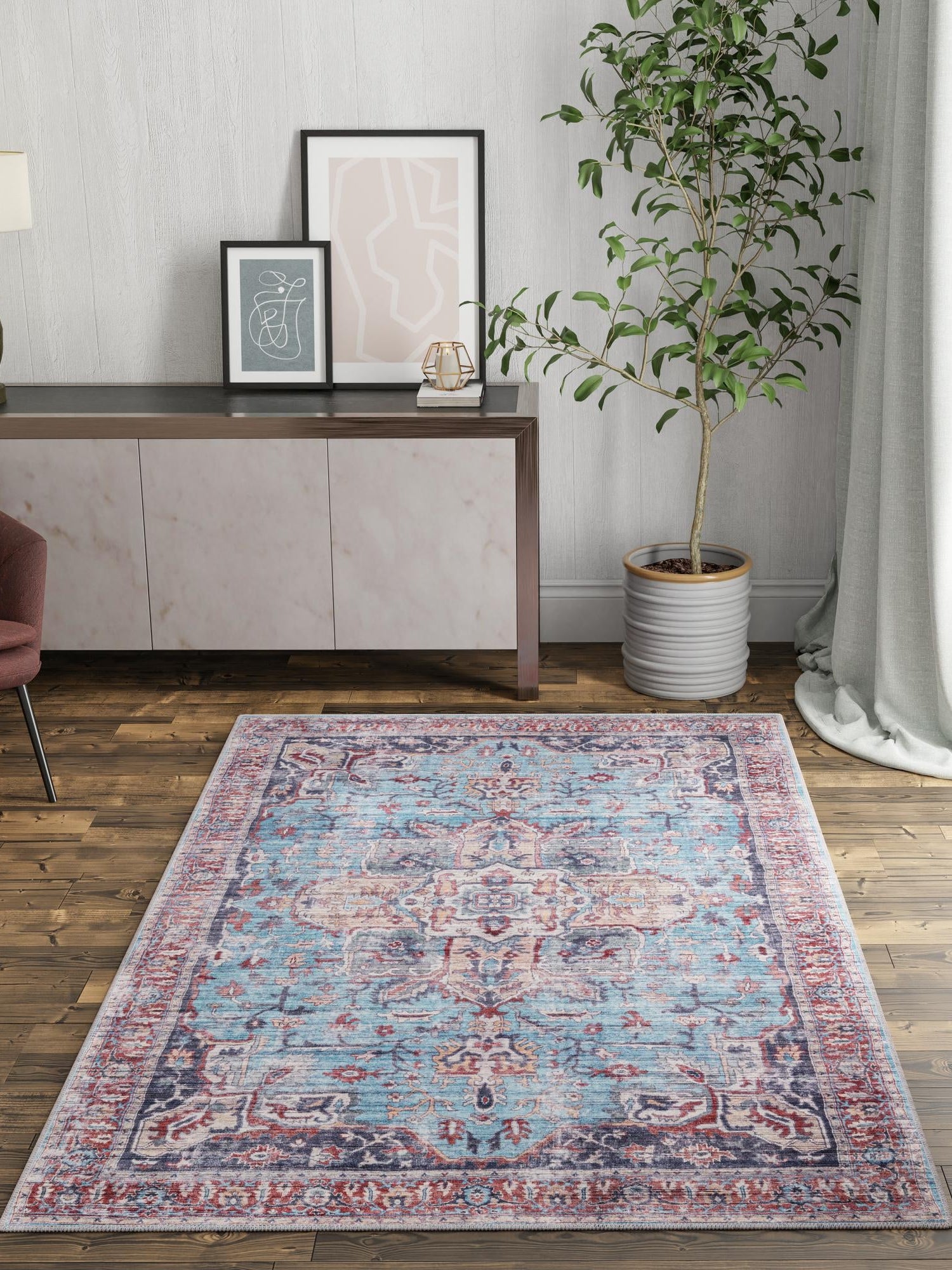 Washable Blue 7' 3 x 10' Maahru Rectangle Area Rug Easy to Clean Stain Resistant & Durable Polyester Chenille Carpet for Living, Dining, Bedrooms, Kitchen for Sale at Rug Engine