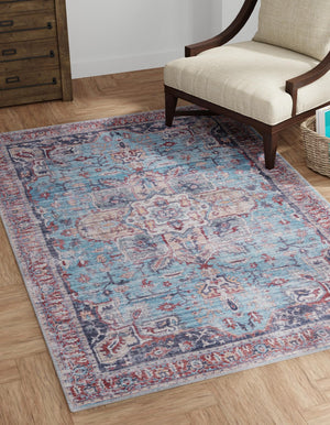 Washable Blue 9' 2 x 12' Maahru Rectangle Area Rug Easy to Clean Stain Resistant & Durable Polyester Chenille Carpet for Living, Dining, Bedrooms, Kitchen for Sale at Rug Engine