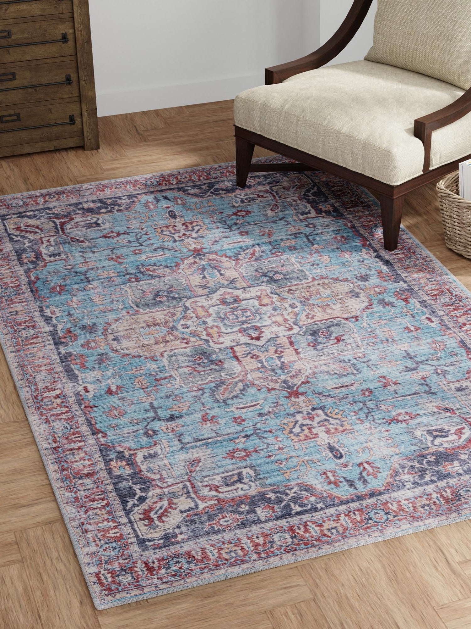 Washable Blue 10' 6 x 13' 1 Maahru Rectangle Area Rug Easy to Clean Stain Resistant & Durable Polyester Chenille Carpet for Living, Dining, Bedrooms, Kitchen for Sale at Rug Engine