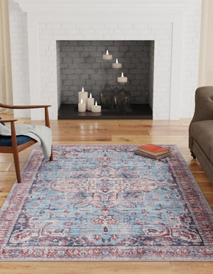 Washable Blue 7' 10 x 10' Maahru Rectangle Area Rug Easy to Clean Stain Resistant & Durable Polyester Chenille Carpet for Living, Dining, Bedrooms, Kitchen for Sale at Rug Engine