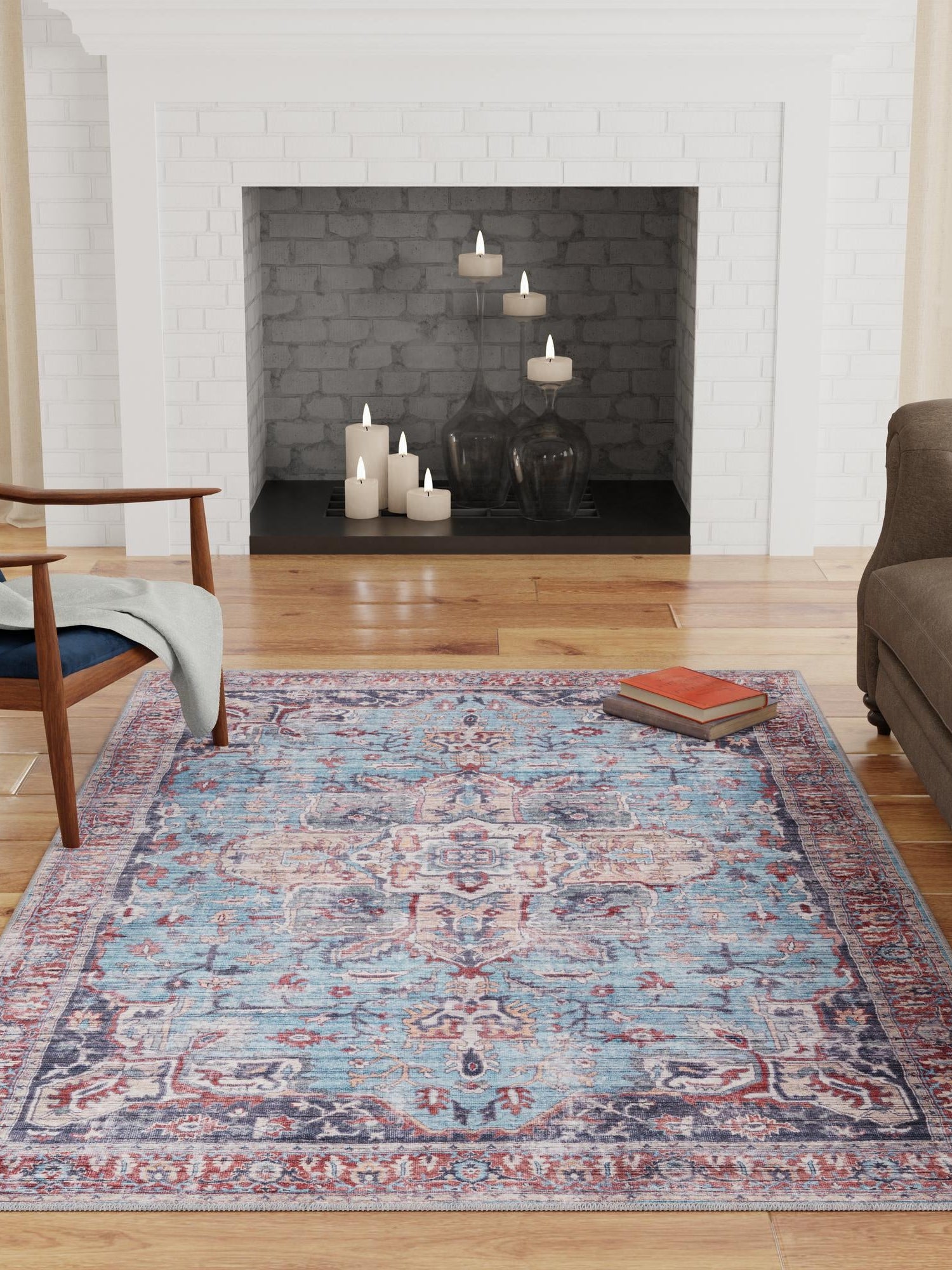 Washable Blue 9' 2 x 12' Maahru Rectangle Area Rug Easy to Clean Stain Resistant & Durable Polyester Chenille Carpet for Living, Dining, Bedrooms, Kitchen for Sale at Rug Engine