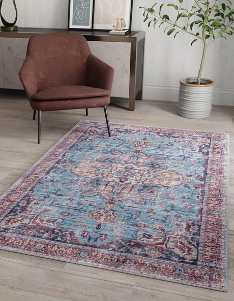 Washable Blue 7' 10 x 10' Maahru Rectangle Area Rug Easy to Clean Stain Resistant & Durable Polyester Chenille Carpet for Living, Dining, Bedrooms, Kitchen for Sale at Rug Engine