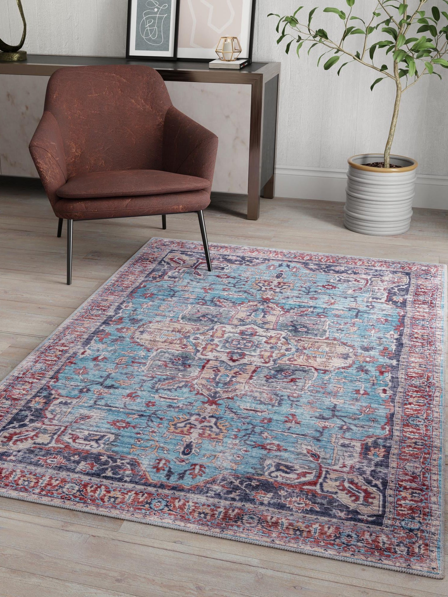 Washable Blue 10' 6 x 13' 1 Maahru Rectangle Area Rug Easy to Clean Stain Resistant & Durable Polyester Chenille Carpet for Living, Dining, Bedrooms, Kitchen for Sale at Rug Engine