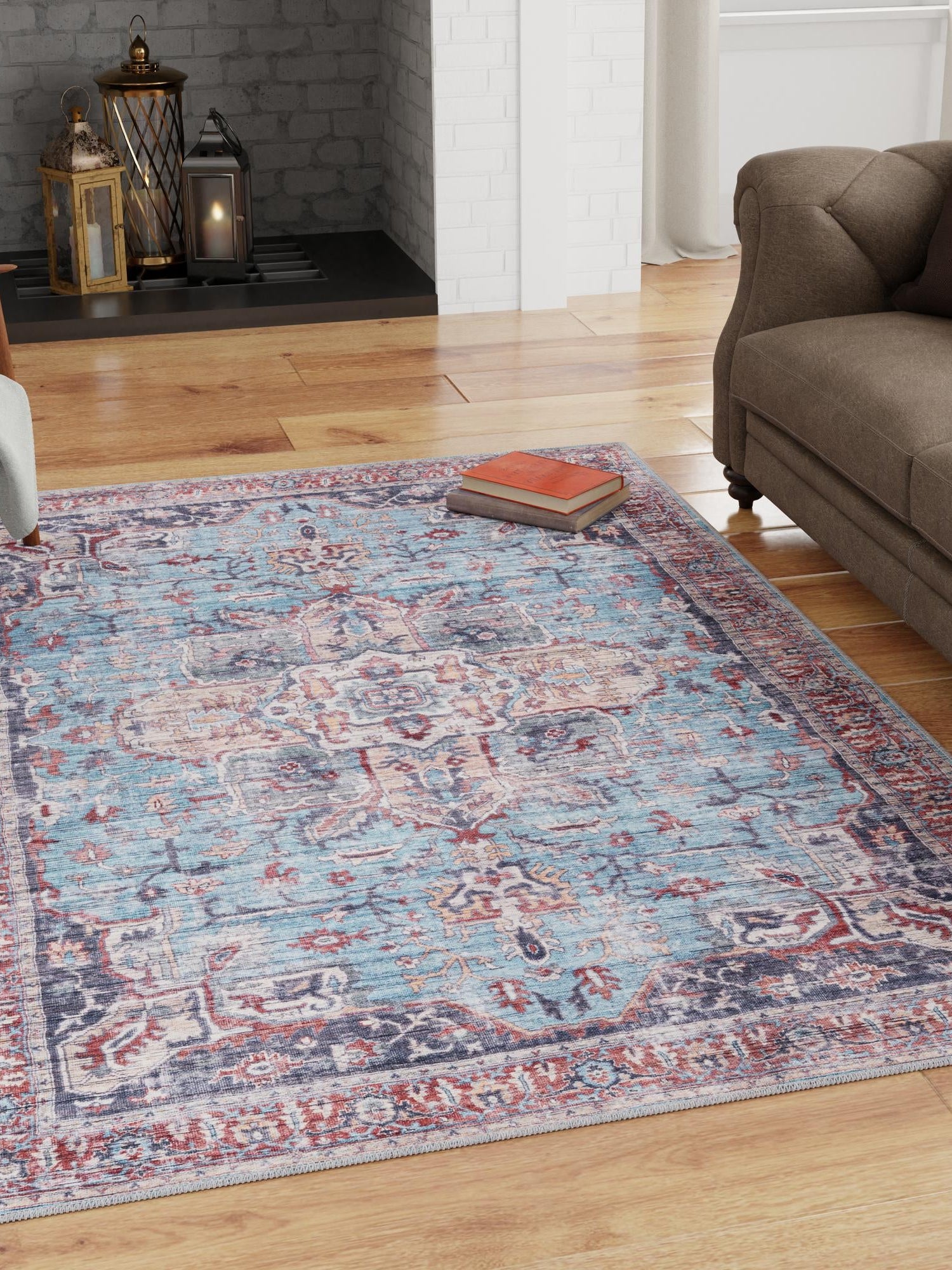 Washable Blue 10' 6 x 13' 1 Maahru Rectangle Area Rug Easy to Clean Stain Resistant & Durable Polyester Chenille Carpet for Living, Dining, Bedrooms, Kitchen for Sale at Rug Engine