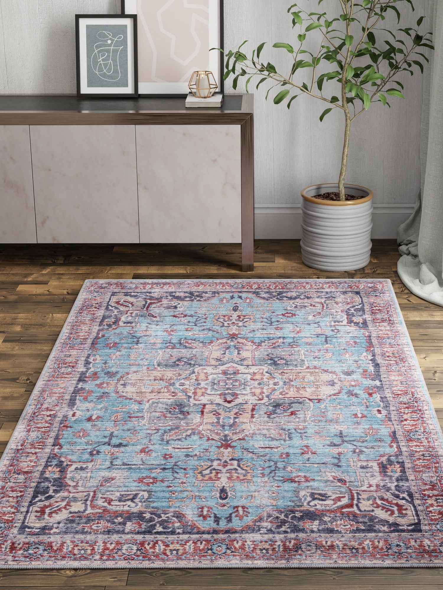 Washable Blue 10' 6 x 13' 1 Maahru Rectangle Area Rug Easy to Clean Stain Resistant & Durable Polyester Chenille Carpet for Living, Dining, Bedrooms, Kitchen for Sale at Rug Engine