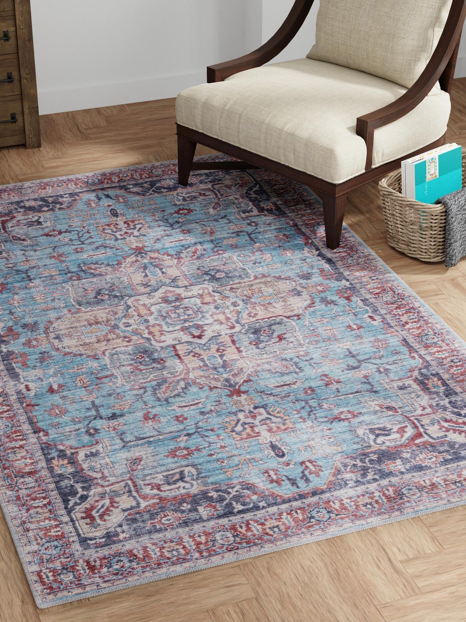 Washable Blue 9' 2 x 12' Maahru Rectangle Area Rug Easy to Clean Stain Resistant & Durable Polyester Chenille Carpet for Living, Dining, Bedrooms, Kitchen for Sale at Rug Engine
