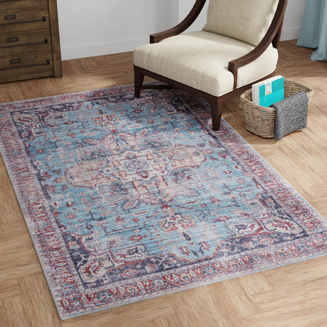Washable Blue 9' 2 x 12' Maahru Rectangle Area Rug Easy to Clean Stain Resistant & Durable Polyester Chenille Carpet for Living, Dining, Bedrooms, Kitchen for Sale at Rug Engine