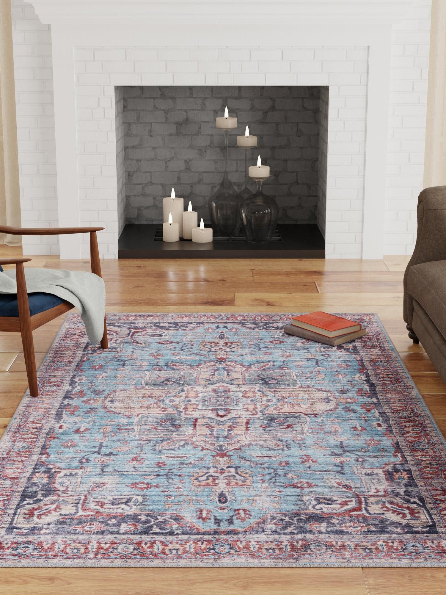 Washable Blue 10' 6 x 13' 1 Maahru Rectangle Area Rug Easy to Clean Stain Resistant & Durable Polyester Chenille Carpet for Living, Dining, Bedrooms, Kitchen for Sale at Rug Engine